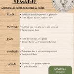 Menu du mardi 21 juillet au samedi 25 juillet