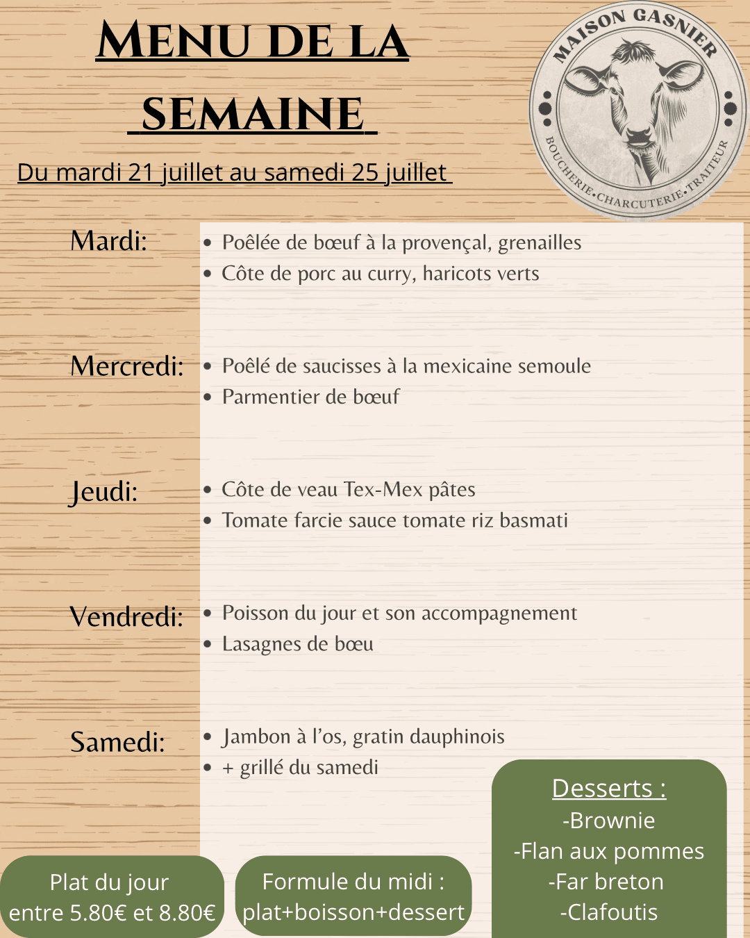 You are currently viewing Menu du mardi 21 juillet au samedi 25 juillet